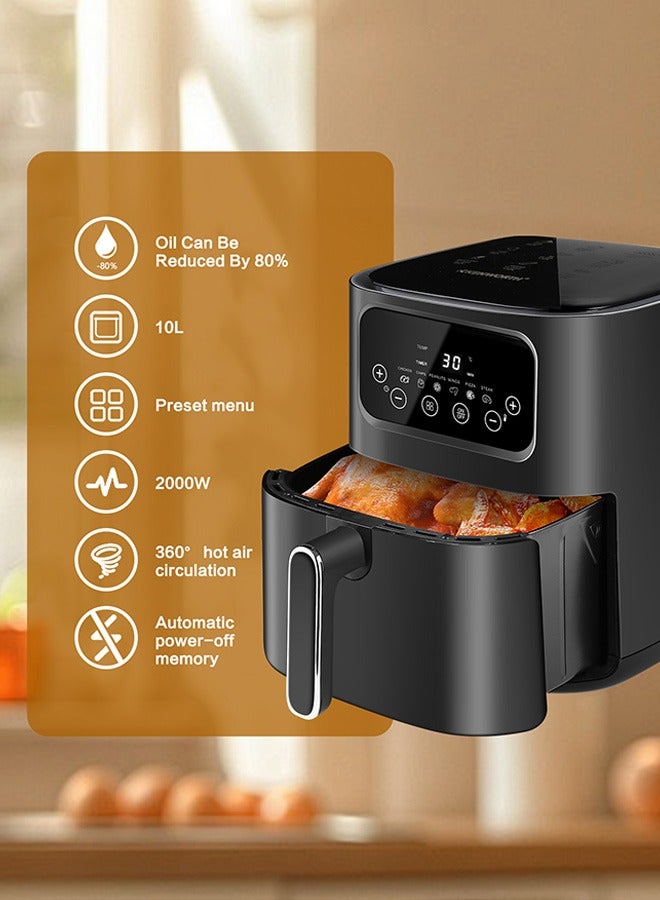 AirFryer 10L Large Size , 6 Presets, One-touch Panel, 360° Turbo Airflow Tech, Nonstick Air Fryers Basket,dishwasher-safe, Elegant Black Design