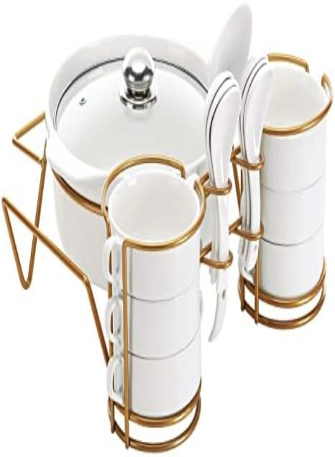 Shallow White Soup Set With Golden Metal Stand 15 Pieces