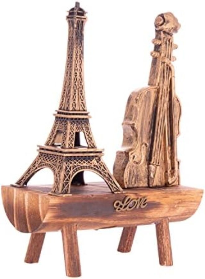 Akdc Akdc Elegant Decorative Wooden Centerpiece-Set Of Violin And Eiffel Tower On Wooden Plate L(7Cm) Xw(15Cm) Xh(21Cm) Brown