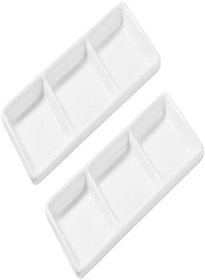 2Pcs White Ceramic Serving Platter 3 Compartment Appetizer Serving Tray Rectangular Divided Sauce Dishes For Restaurant Kitchen Spices Vinegar Nuts - 5.9 X 2.6 Inch