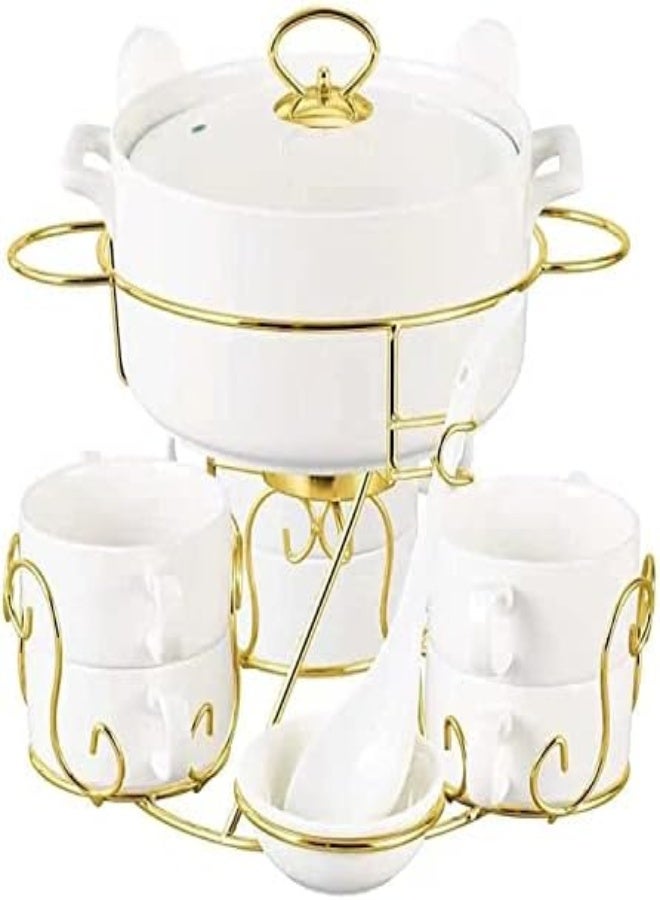 17 Pcs Ceramic Soup Bowl Set With Gold Coated Serving Stand ,6 Pcs Ounces Small Soup Bowl With Handles And 1 Big Dish Bowl, Oven Safe And Microwavable (Style 3)