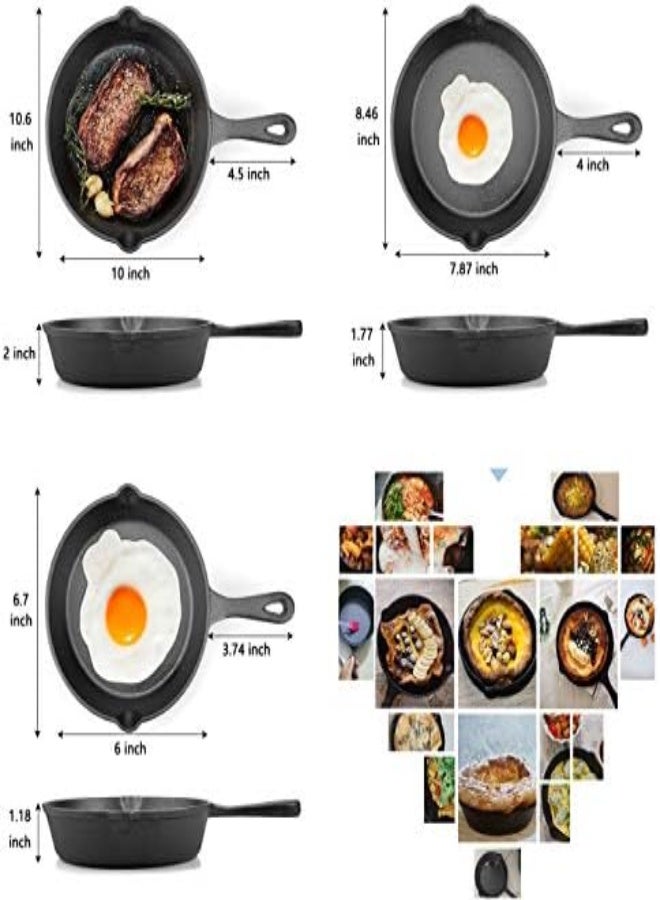 Lawei 3 Pcs Cast Iron Skillet Pre-Seasoned Frying Pan Cookware Set Non-Stick Skillets For Indoor Outdoor Frying Saute Cooking Pizza Eggs Meat - 3 Sizes, 25.5Cm/ 20Cm/ 15Cm