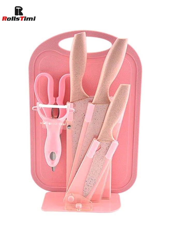 7-Piece Wheat Straw Kitchen Knife With Cutting Board Set Pink