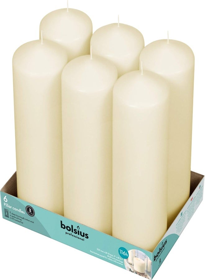 Bolsius 6 Ivory Pillar Candles Bulk - 3X9 Inches Candle Set - 116+ Hours Clean Burning - No Palm Oil - 0% Animal Fat - Premium European Quality - Unscented Dripless Eco-Friendly Any Occasion Pillars