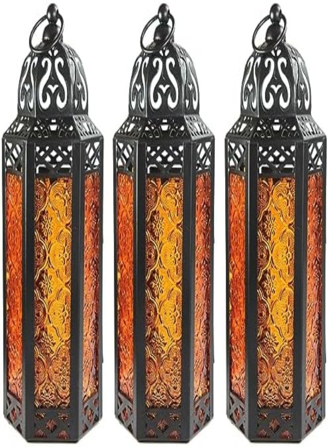 Vela Lanterns 3Pk Decorative Moroccan Candle Lantern Holder For Decor, Amber Glass, Medium