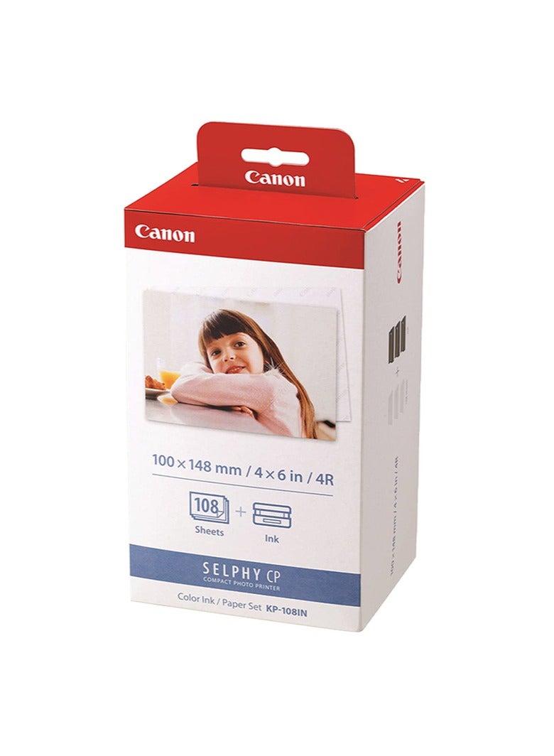 Canon KP-108IN Color Ink Paper Set for Canon Selphy CP910/CP810 Photo Printer, 108 Sheets, White