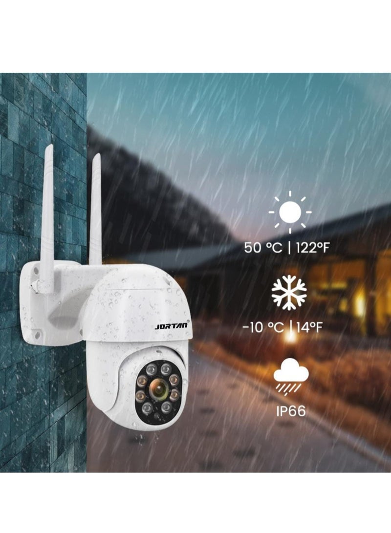 JORTAN 1080P Indoor Outdoor Wireless Wi-Fi Security Camera, Color Night Vision, 2 way Audio, Motion Detection, IP66 Waterproof, PTZ Control, Cloud Storage