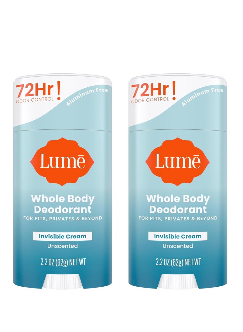 Lume Whole Body Deodorant - Invisible Cream Stick - 72 Hour Odor Control - Aluminum Free, Baking Soda Free, Skin Safe - 2.2 Ounce (Pack of 2) (Unscented)