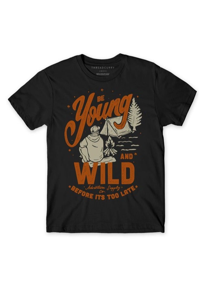 THREADCURRY Young & Wild Adventure Boys Black Printed Round Neck T-shirt