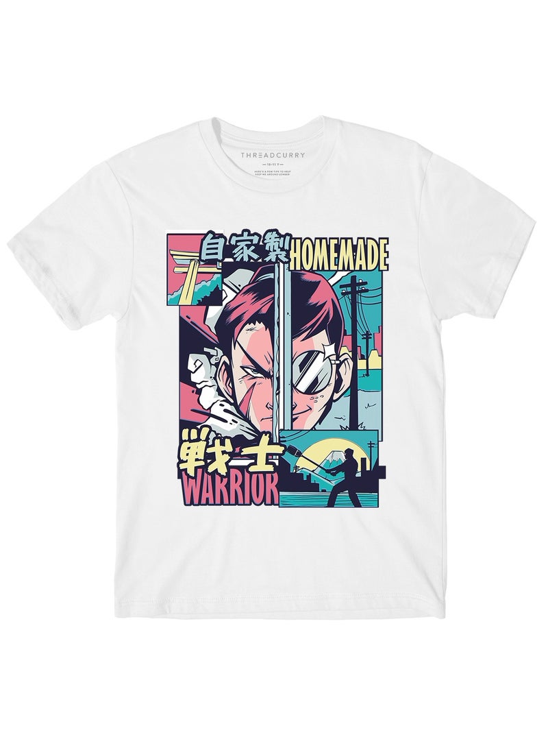 THREADCURRY Anime Boys White Printed Round Neck T-shirt
