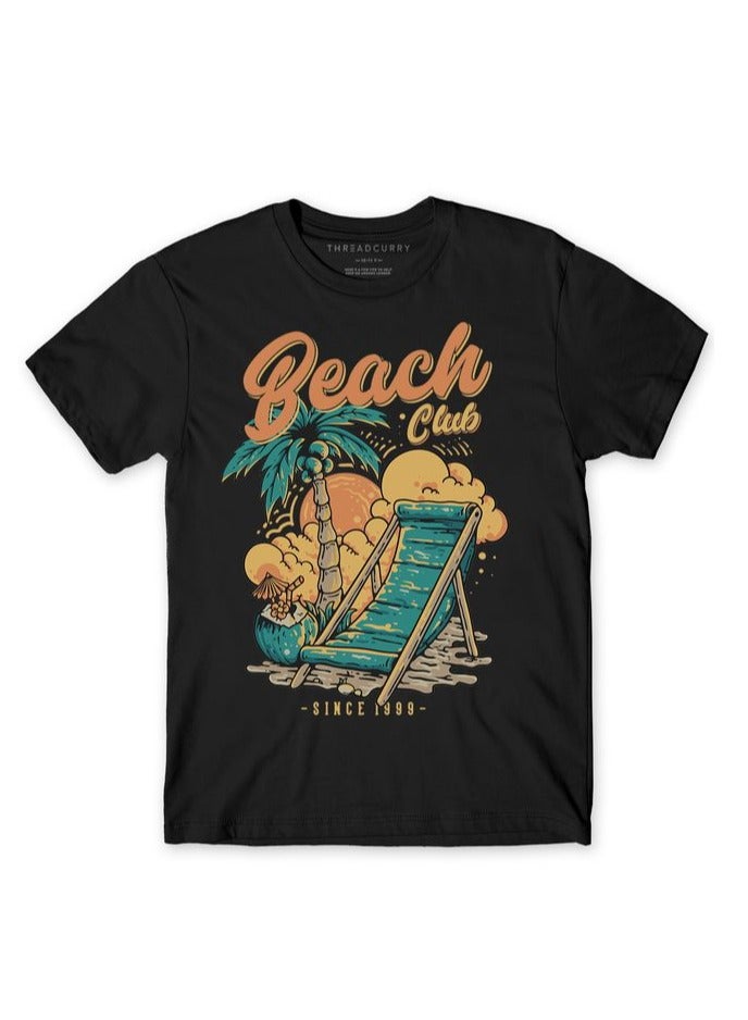 THREADCURRY Beach Club Adventure Boys Black Printed Round Neck T-shirt