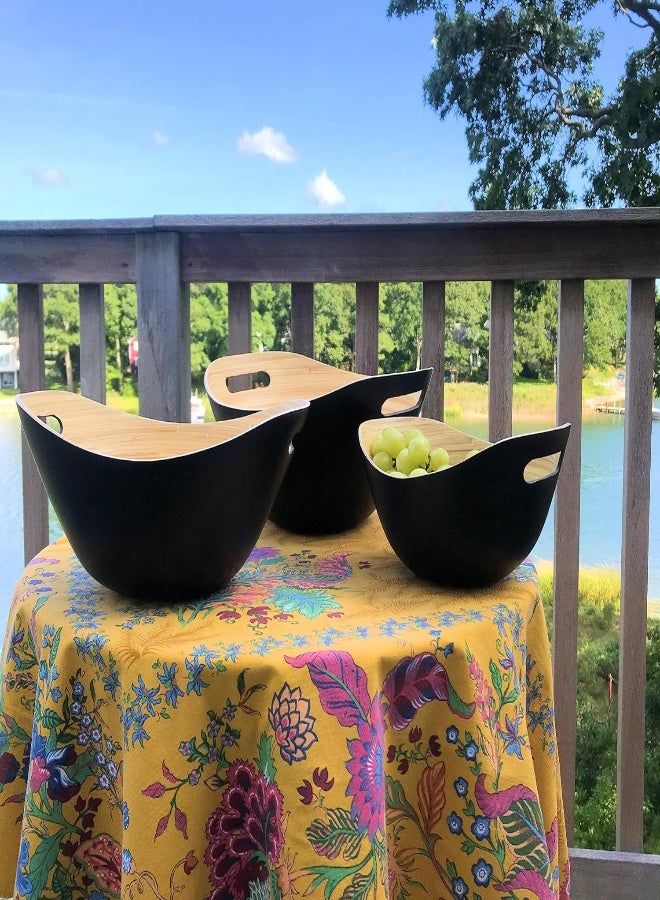 Whw Whole House Worlds Ellipse Bamboo Nesting Bowls, Set Of 3, Food Safe, Nordic Black With Natural Interior, Spun And Stacked Layers, Artisan Crafted 13, 11, And 9 Inches