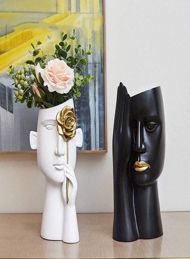 Ceramic Vase Face, Abstract Human Face Vase Flower Pot Resin Flower Vases, Crafts Creative Vase Statue Living Room Bedroom Bookshelf Flower Pot, Black-White