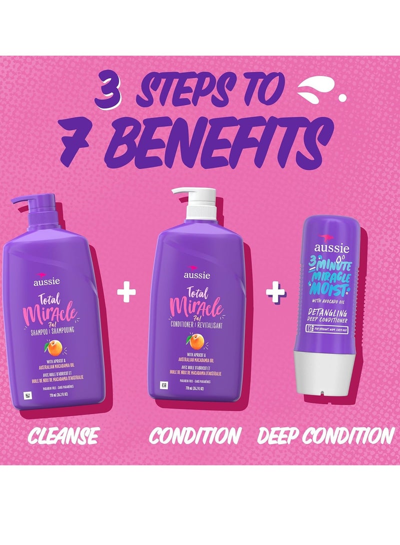 Aussie Total Miracle Hair Care Bundle: Shampoo, Conditioner, and 3 Minute Deep Treatment with Apricot & Macadamia Oil, Paraben-Free for Damaged Hair, 26.2 & 8 Fl Oz