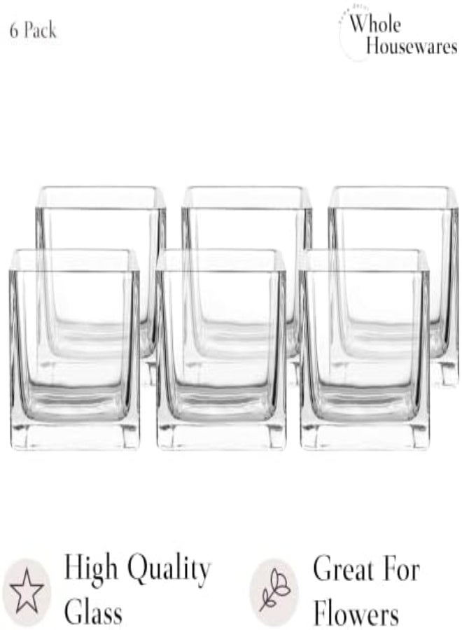 Whole Housewares Square Glass Vase Centerpiece Set, (6,4 Inch) 6 Pack Candle Holder, Clear Cube