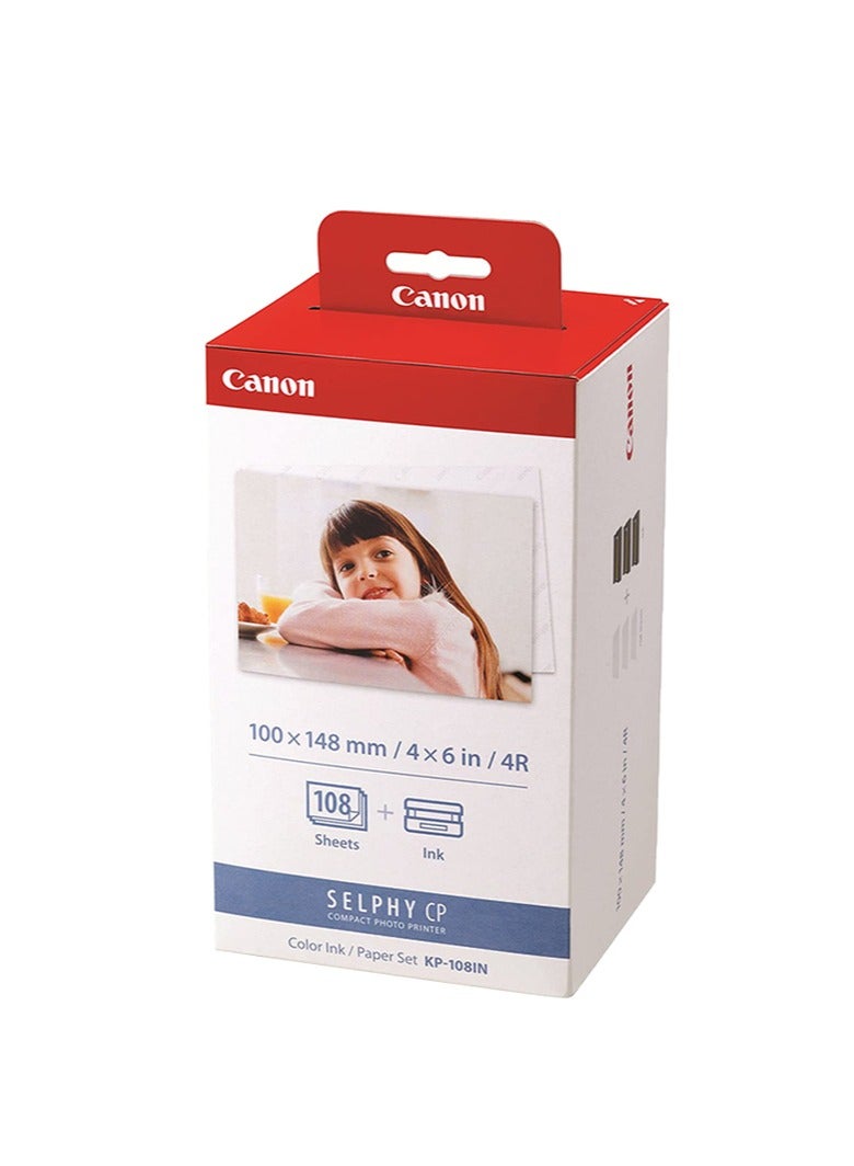 Canon KP-108IN Color Ink Paper Set for Canon Selphy CP910/CP810 Photo Printer, 108 Sheets, White