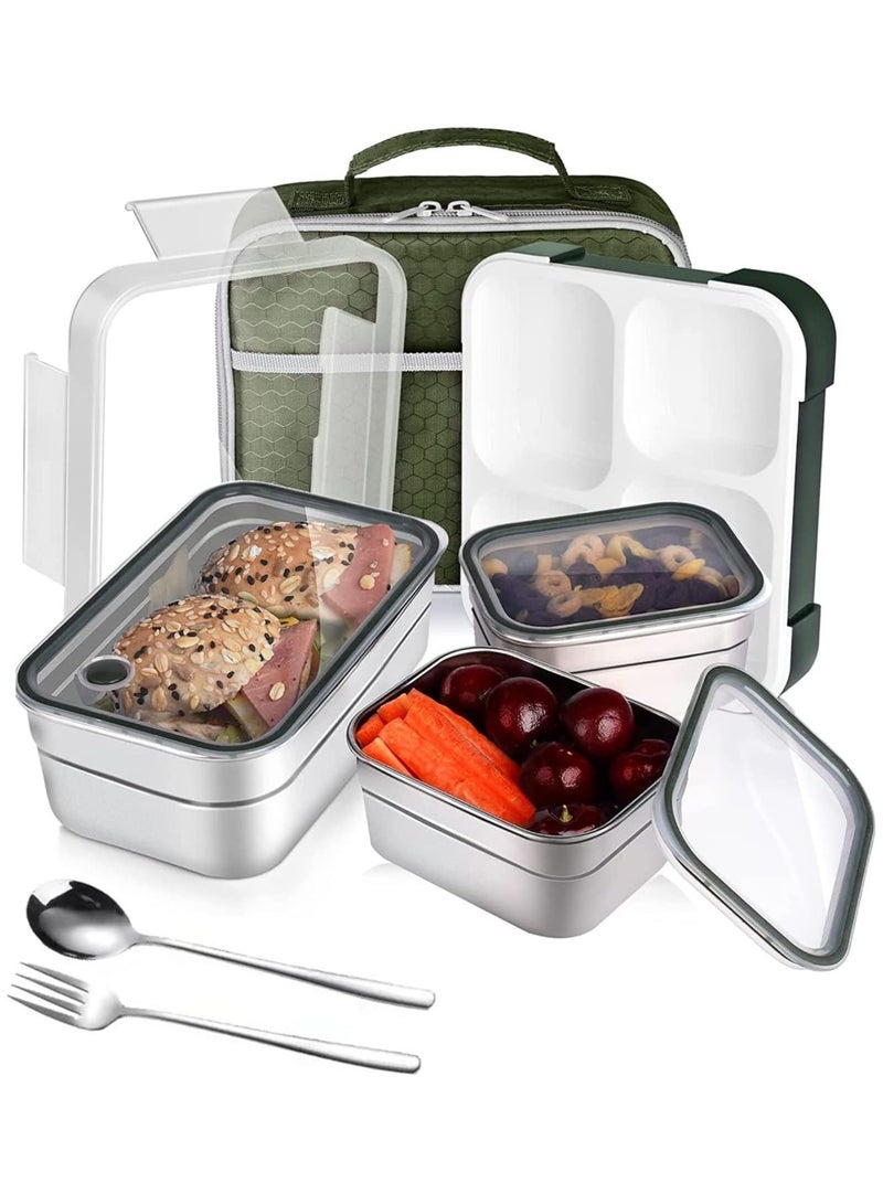 Stainless Steel Lunch Box for Kids Adults,Insulated Bento Lunch Box with Tableware & Bag,1260ML 3 Compartment Divided Lunch Containers with Lids,Leakproof | BPA Free | Dishwasher Safe（Green）