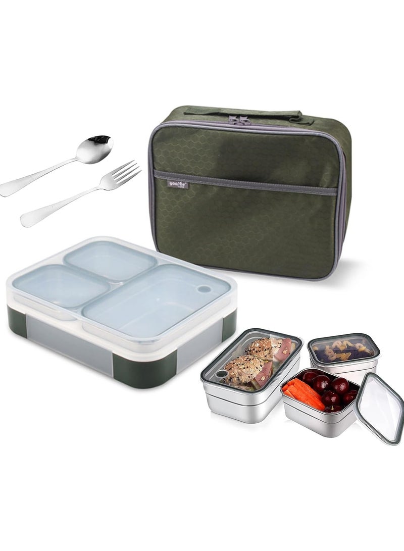 Stainless Steel Lunch Box for Kids Adults,Insulated Bento Lunch Box with Tableware & Bag,1260ML 3 Compartment Divided Lunch Containers with Lids,Leakproof | BPA Free | Dishwasher Safe（Green）