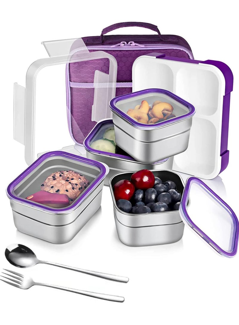Stainless Steel Lunch Box for Kids Adults,Insulated Bento Lunch Box with Tableware & Bag,1060ML 4 Compartment Divided Lunch Containers with Lids,Leakproof | BPA Free | Dishwasher Safe （Purple）