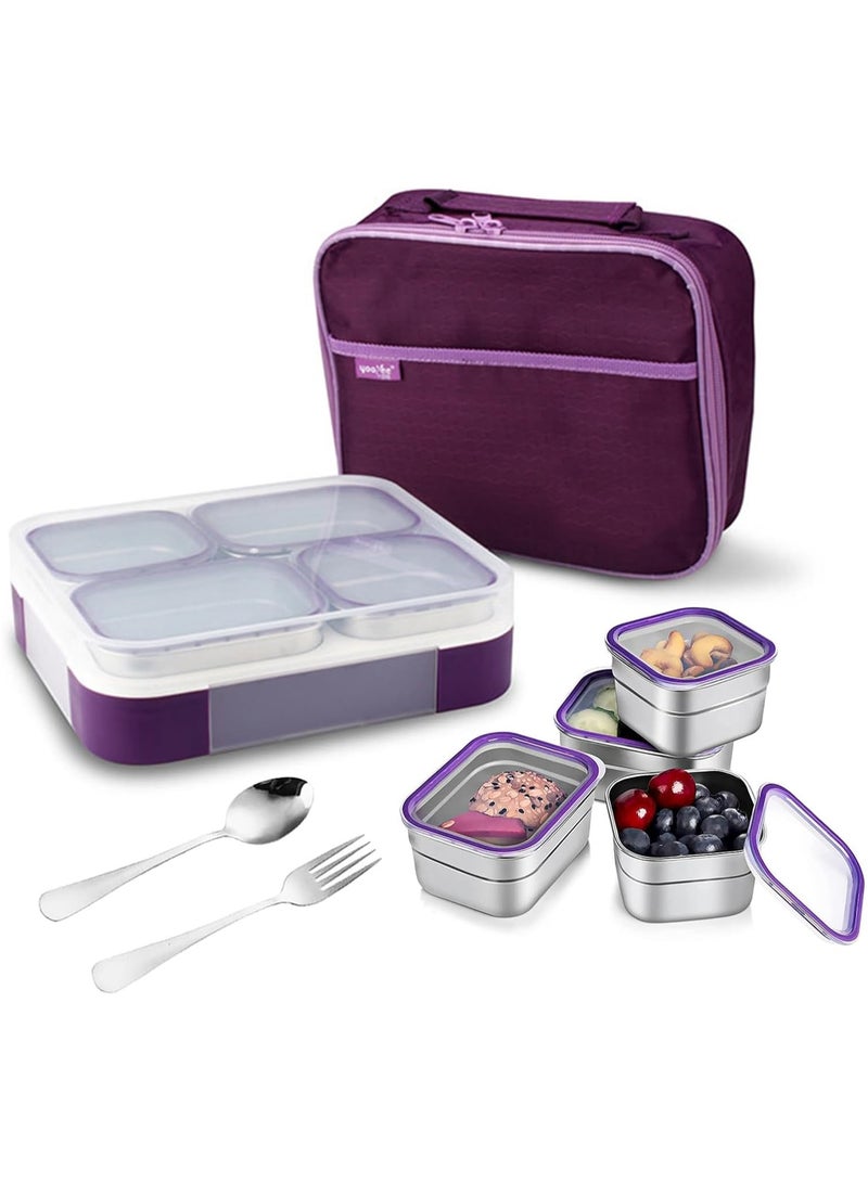 Stainless Steel Lunch Box for Kids Adults,Insulated Bento Lunch Box with Tableware & Bag,1060ML 4 Compartment Divided Lunch Containers with Lids,Leakproof | BPA Free | Dishwasher Safe （Purple）