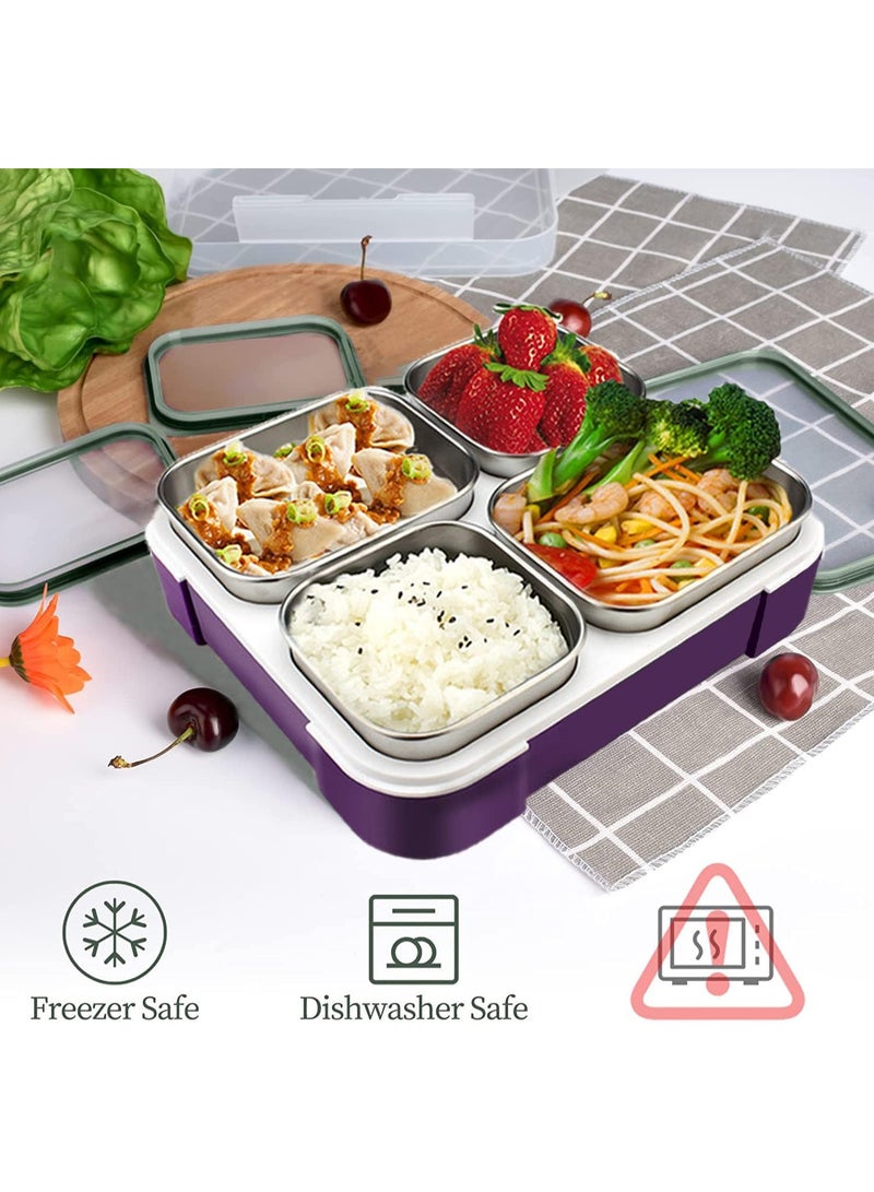 Stainless Steel Lunch Box for Kids Adults,Insulated Bento Lunch Box with Tableware & Bag,1060ML 4 Compartment Divided Lunch Containers with Lids,Leakproof | BPA Free | Dishwasher Safe （Purple）