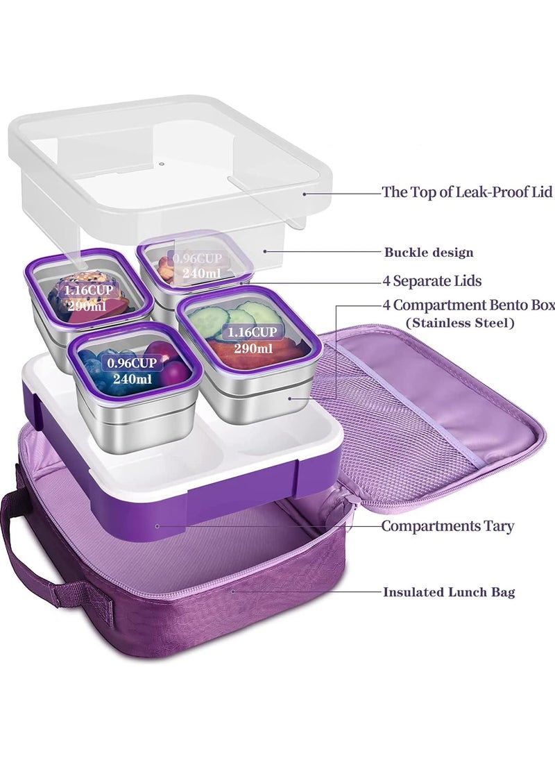 Stainless Steel Lunch Box for Kids Adults,Insulated Bento Lunch Box with Tableware & Bag,1060ML 4 Compartment Divided Lunch Containers with Lids,Leakproof | BPA Free | Dishwasher Safe （Purple）