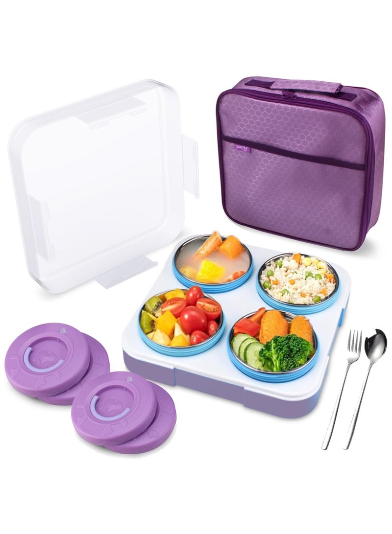 Stainless Steel Lunch Box for Kids Adults,Insulated Bento Lunch Box with Tableware & Bag,880ML 4 Compartment Divided Lunch Containers with Lids,Leakproof | BPA Free | Dishwasher Safe（880ML,Purple）