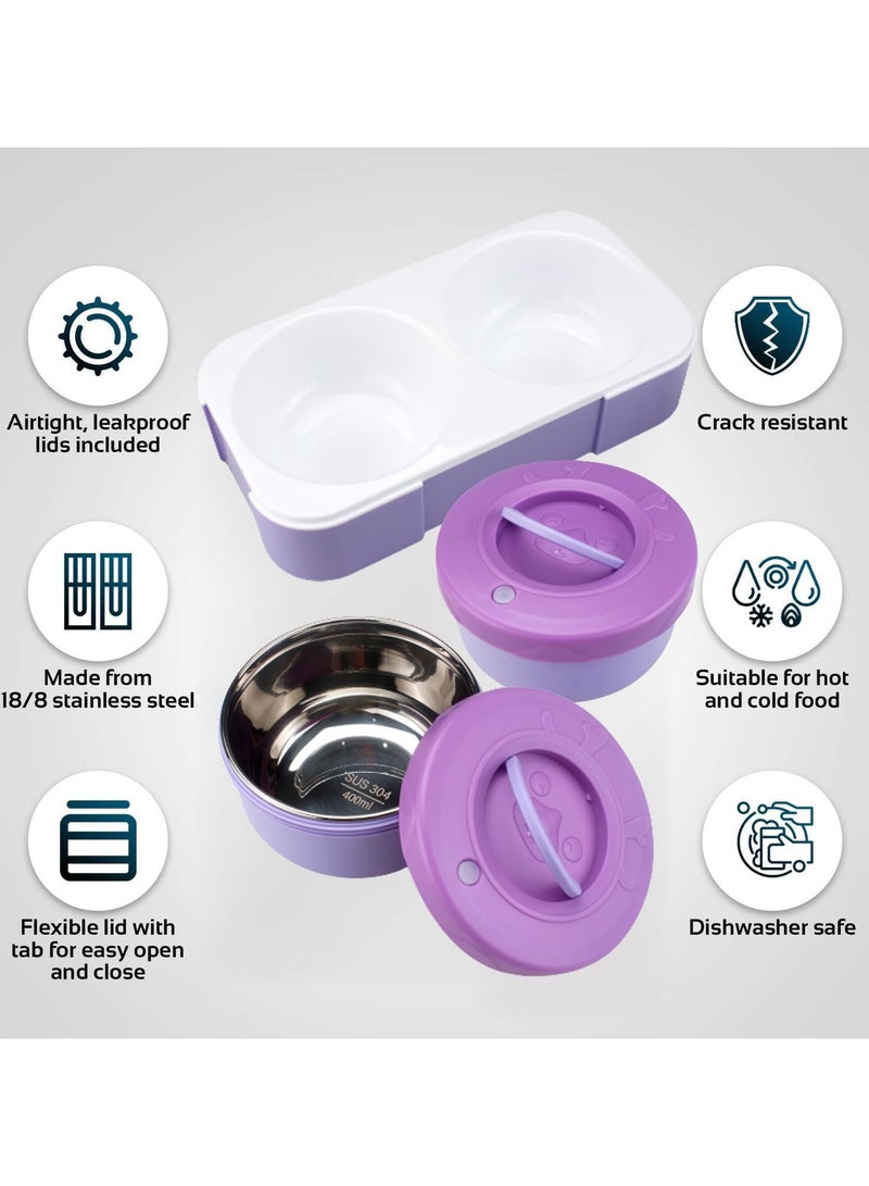 Stainless Steel Lunch Box for Kids Adults,Insulated Bento Lunch Box with Tableware & Bag,880ML 4 Compartment Divided Lunch Containers with Lids,Leakproof | BPA Free | Dishwasher Safe（880ML,Purple）