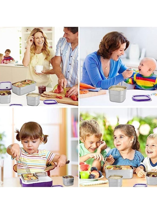 Stainless Steel Lunch Box for Kids Adults,Insulated Bento Lunch Box with Tableware & Bag,880ML 4 Compartment Divided Lunch Containers with Lids,Leakproof | BPA Free | Dishwasher Safe（880ML,Purple）