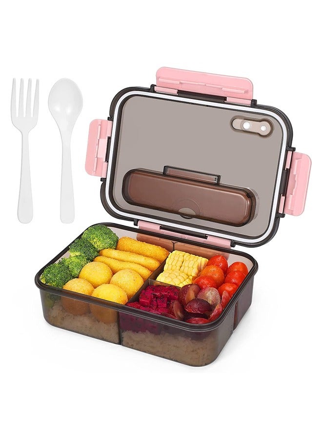 Bento Lunch Box - 3 Compartment Lunch Containers for Adults and Kids Food Grade Plastic Lunch Box with Spoon & Fork Pink