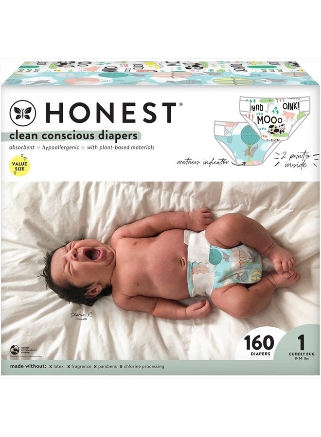 Clean Conscious Diapers | Plant-Based, Sustainable | Above It All + Barnyard Babies | Super Club Box, Size 1 (8-14 lbs), 160 Count