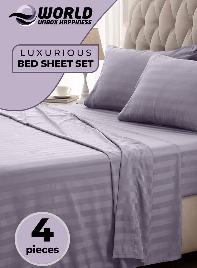 4-Piece Luxury King Size Purple Striped Bedding Set Includes 1 Duvet Cover (220x240cm), 1 Fitted Bed Sheet (200x200+30cm), and 2 Pillow Cases (48x74+5cm) for Ultimate Hotel-Inspired Sophistication