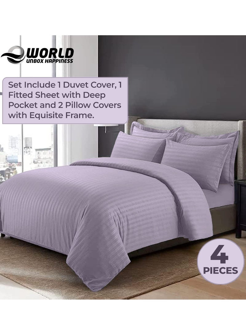 4-Piece Luxury King Size Purple Striped Bedding Set Includes 1 Duvet Cover (220x240cm), 1 Fitted Bed Sheet (200x200+30cm), and 2 Pillow Cases (48x74+5cm) for Ultimate Hotel-Inspired Sophistication