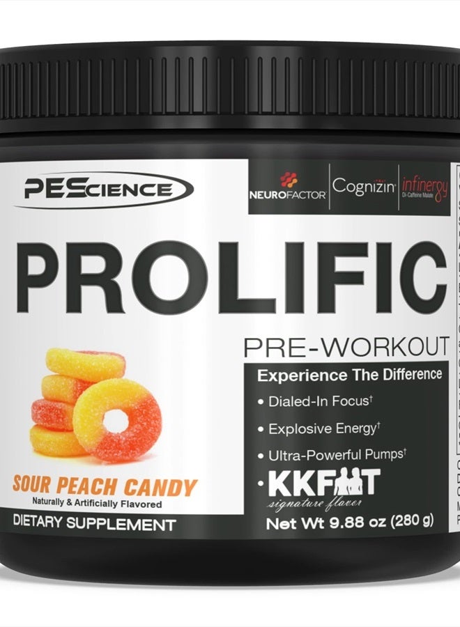 Prolific Pre Workout Powder, Sour Peach Candy, 40 Scoop, Energy Supplement with Nitric Oxide, KK Fit Signature Flavor