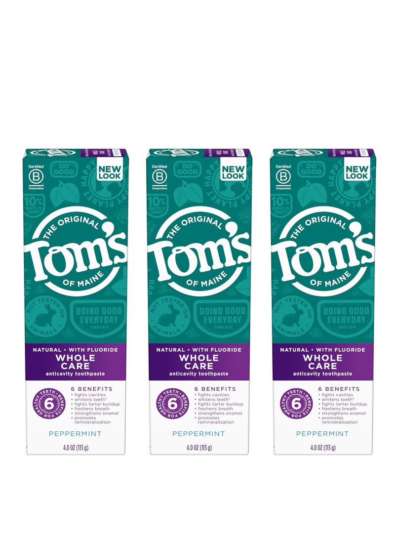 Tom's of Maine Whole Care Natural Toothpaste with Fluoride, Peppermint, 4 oz. 3-Pack (Packaging May Vary)