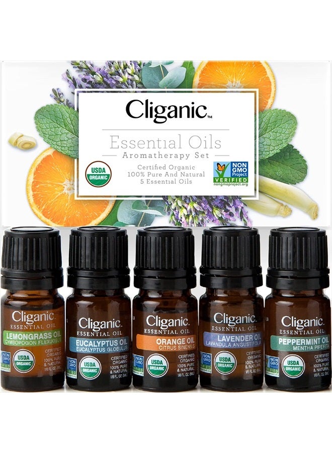 Organic Essential Oils Set (Top 5) - 100% Pure Natural - Aromatherapy, Candle Making - Peppermint, Lavender, Eucalyptus, Lemongrass & Orange