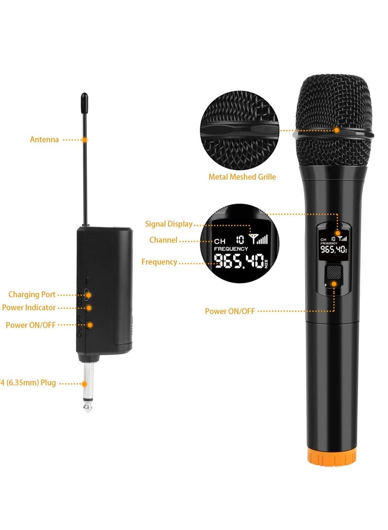 Wireless Microphone UHF Single Portable Handheld Dynamic Karaoke Mic with Rechargeable Receiver Cordless Karaoke System