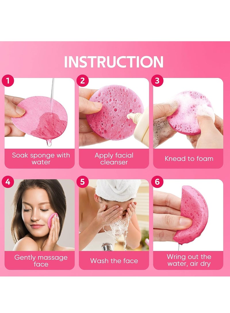 50-Count Compressed Facial Sponges for Daily Facial Cleansing and Exfoliating, 100％ Natural Cosmetic Spa Sponges for Makeup Remover, Reusable, Pink