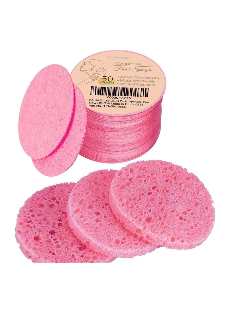 50-Count Compressed Facial Sponges for Daily Facial Cleansing and Exfoliating, 100％ Natural Cosmetic Spa Sponges for Makeup Remover, Reusable, Pink