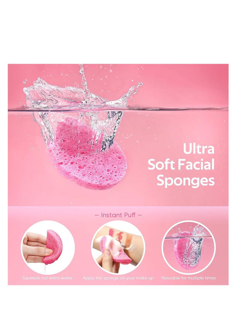 50-Count Compressed Facial Sponges for Daily Facial Cleansing and Exfoliating, 100％ Natural Cosmetic Spa Sponges for Makeup Remover, Reusable, Pink