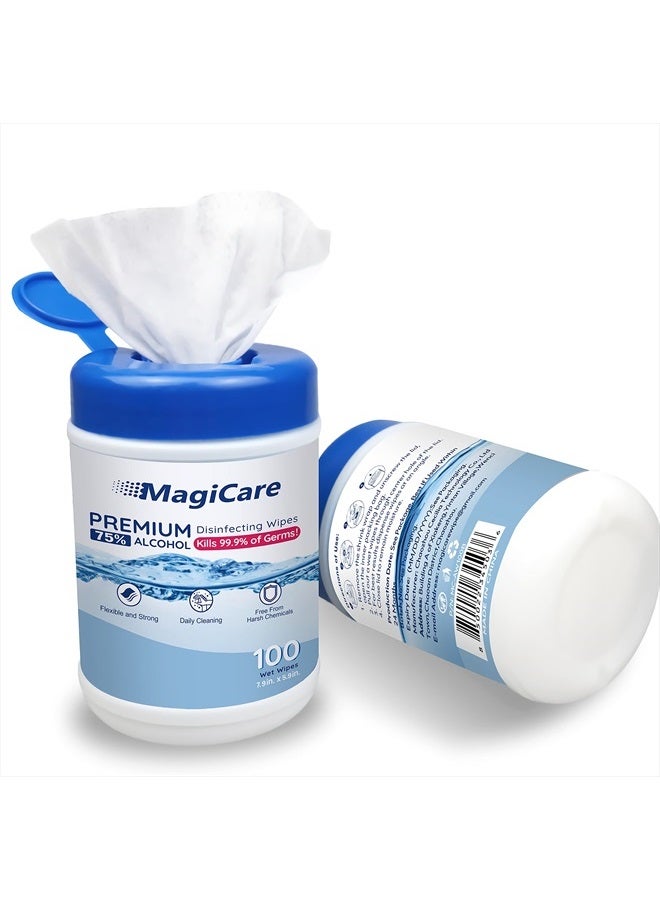 MagiCare 75% Alcohol Hand Sanitizing Wipes (2 Canisters) - Unscented, Disposable Large Alcohol Wipes - Home, Travel, Classroom, Camping - 2, 100ct Canisters (200pcs)