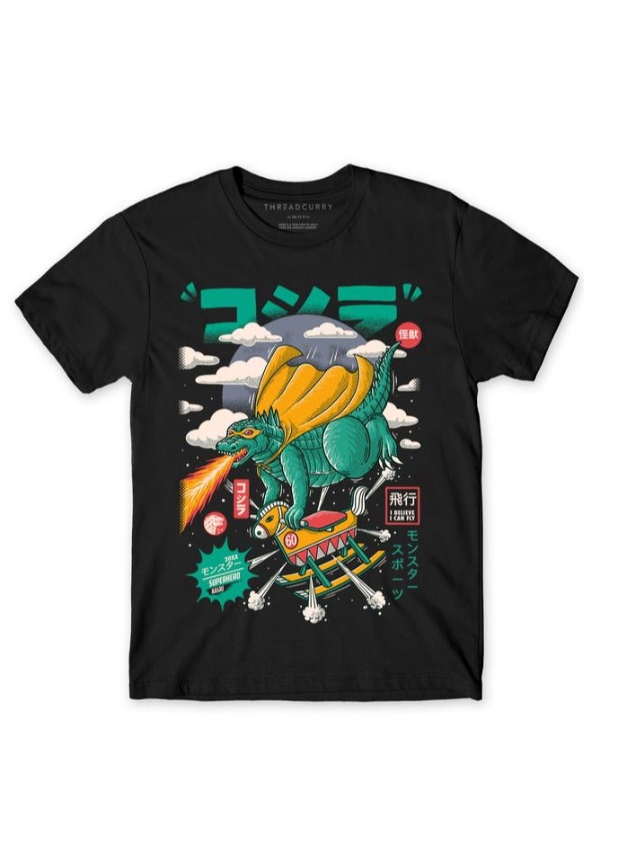 THREADCURRY Comiczilla Japanese Dino Boys Black Printed Round Neck T-shirt