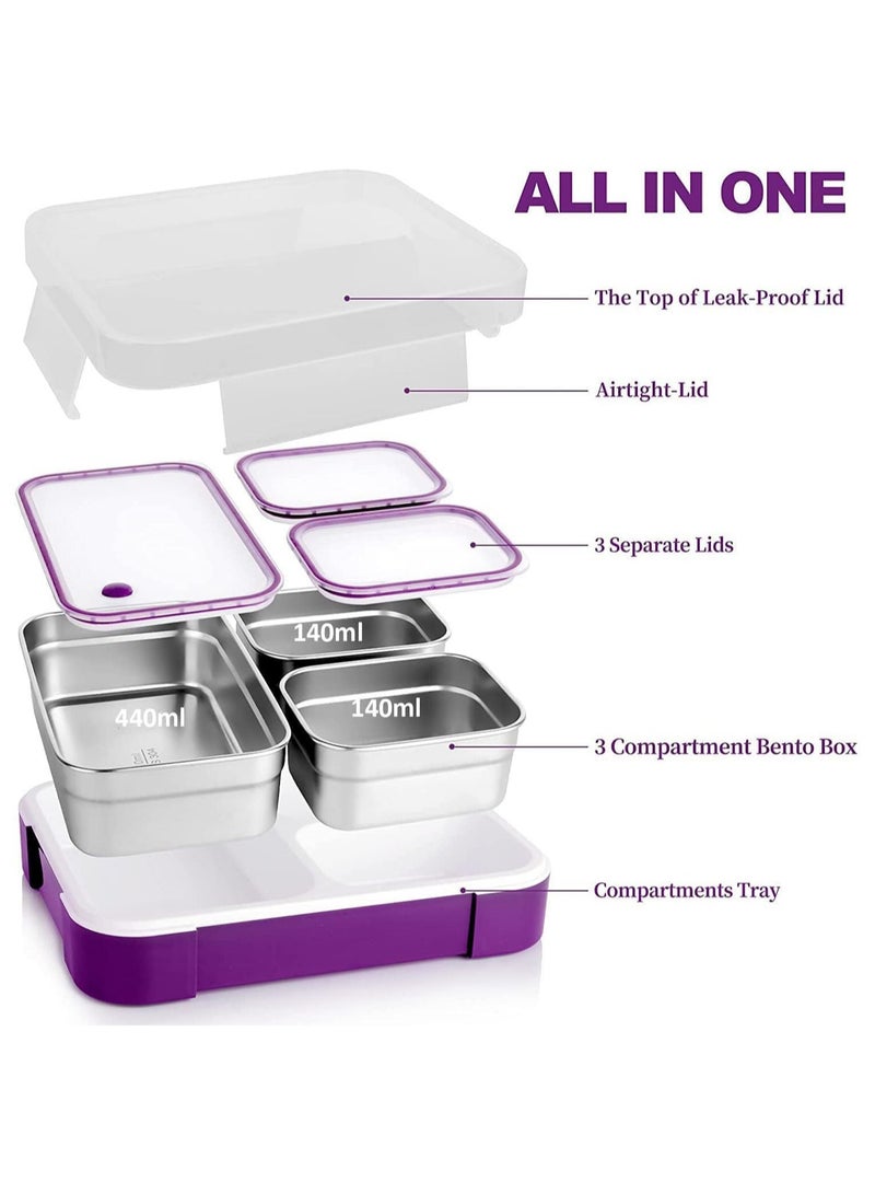 Stainless Steel Lunch Box for Kid School,Insulated Bento Lunch Box with Tableware & Bag,720ML 3 Compartment Divided Lunch Containers with Lids,Leakproof | BFA Free | Dishwasher Safe (Purple)