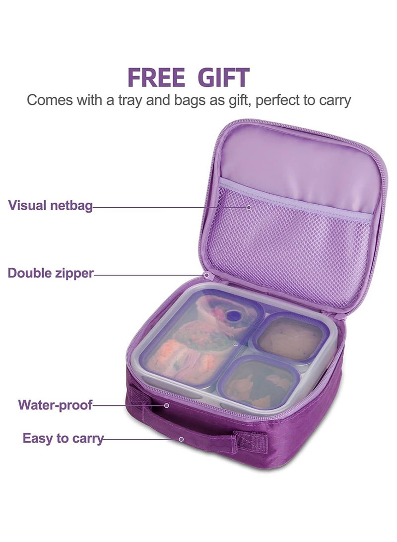 Stainless Steel Lunch Box for Kid School,Insulated Bento Lunch Box with Tableware & Bag,720ML 3 Compartment Divided Lunch Containers with Lids,Leakproof | BFA Free | Dishwasher Safe (Purple)