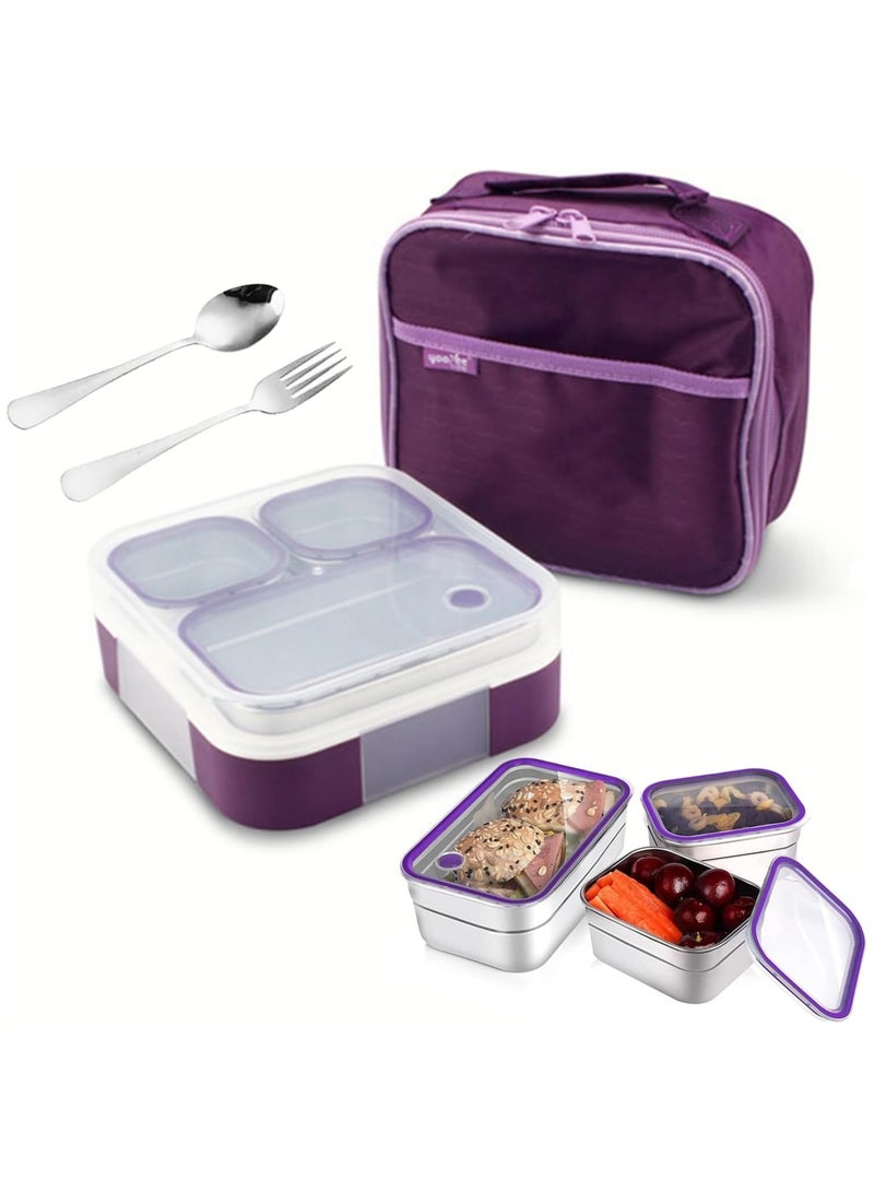 Stainless Steel Lunch Box for Kid School,Insulated Bento Lunch Box with Tableware & Bag,720ML 3 Compartment Divided Lunch Containers with Lids,Leakproof | BFA Free | Dishwasher Safe (Purple)