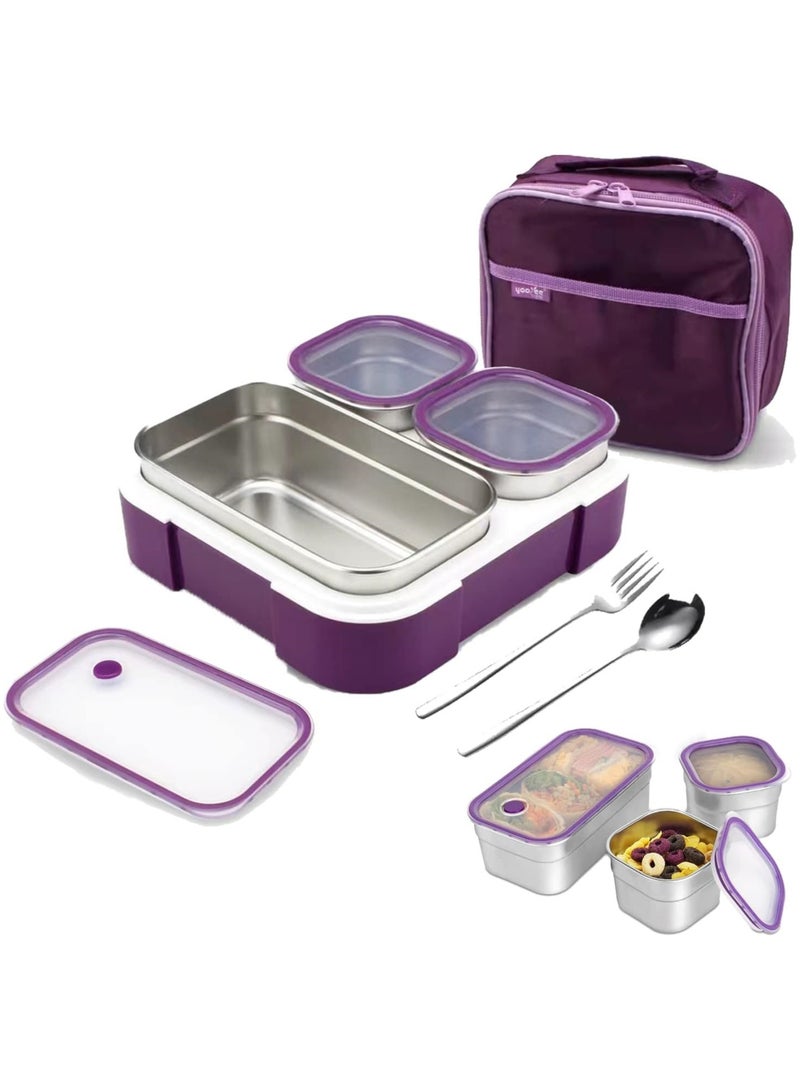 Stainless Steel Lunch Box for Kid School,Insulated Bento Lunch Box with Tableware & Bag,720ML 3 Compartment Divided Lunch Containers with Lids,Leakproof | BFA Free | Dishwasher Safe (Purple)