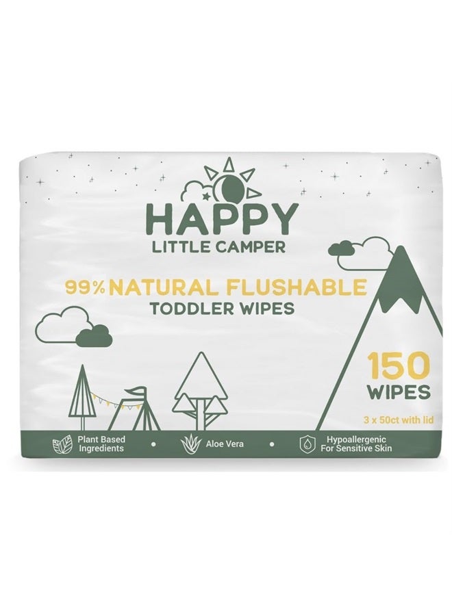 Natural Flushable Wipes - Hypoallergenic Wet Wipes with Aloe Vera, Chamomile and Pomegranate Extract - Unscented Baby Wipes Safe for Sensitive Skin - 150 Count (3 Packs of 50)