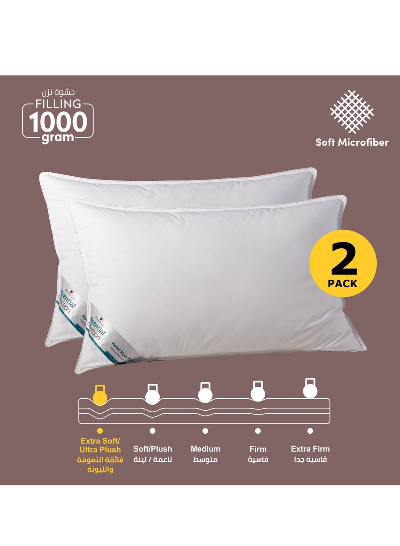 Pillow 2-Pieces (1000Gm Each) Hotel Pillows King Size 50X75 Cm Anti Allergy Bed Pillow Soft Brushed Microfiber,White