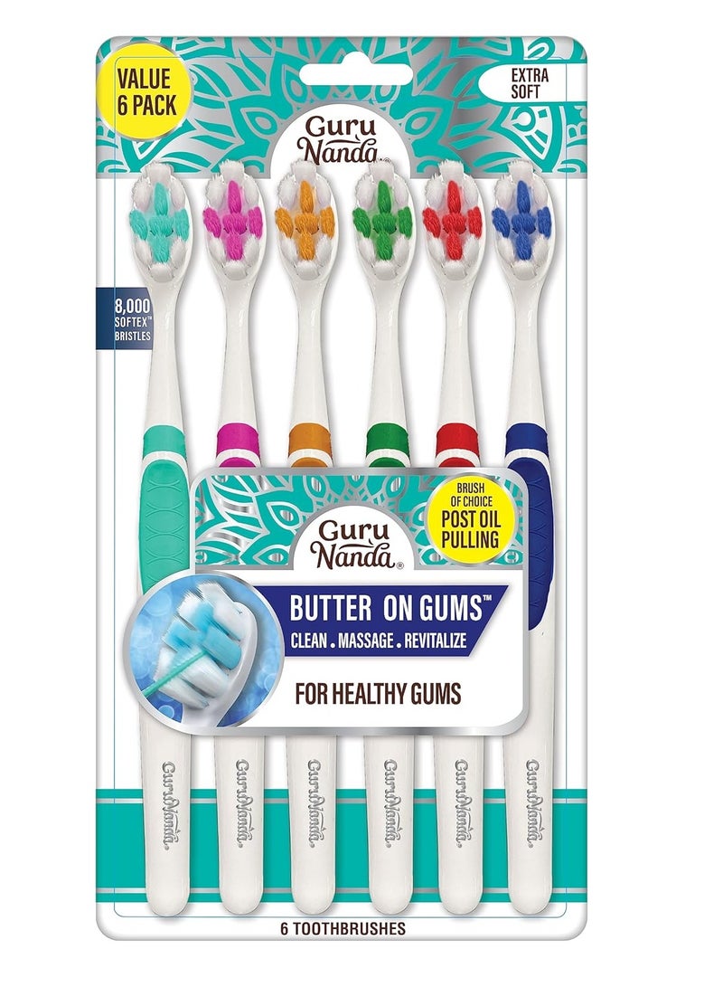 GuruNanda Butter On Gums Toothbrush with 8000+ Softex Bristles, Ultra Soft Bristles for Sensitive & Receding Gums, Perfect for Whiter Teeth, 6 Count