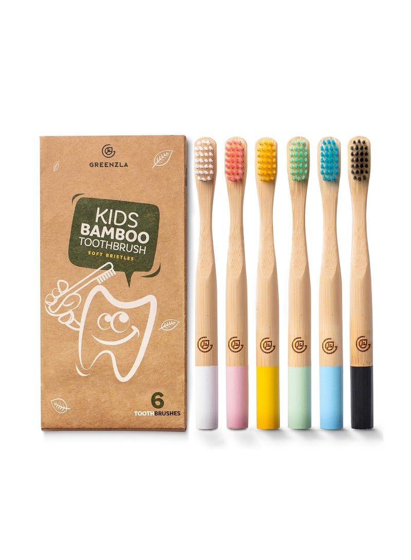 GREENZLA Kids Bamboo Toothbrushes, Natural Toothbrush Set, Soft Bristles, Durable Charcoal Wooden Brushes, Compostable Design for Toddlers and Children, 6 Pack
